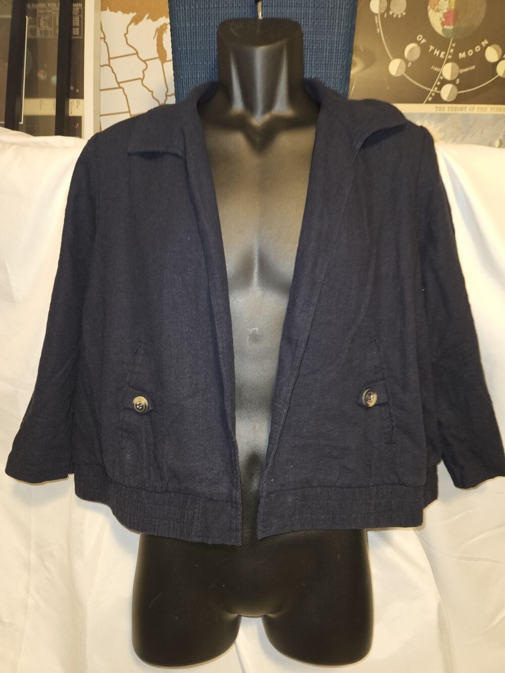 Carole Wren Cropped Linen Blend Jacket Women XL Navy Blue Open Front 3/4 Sleeve